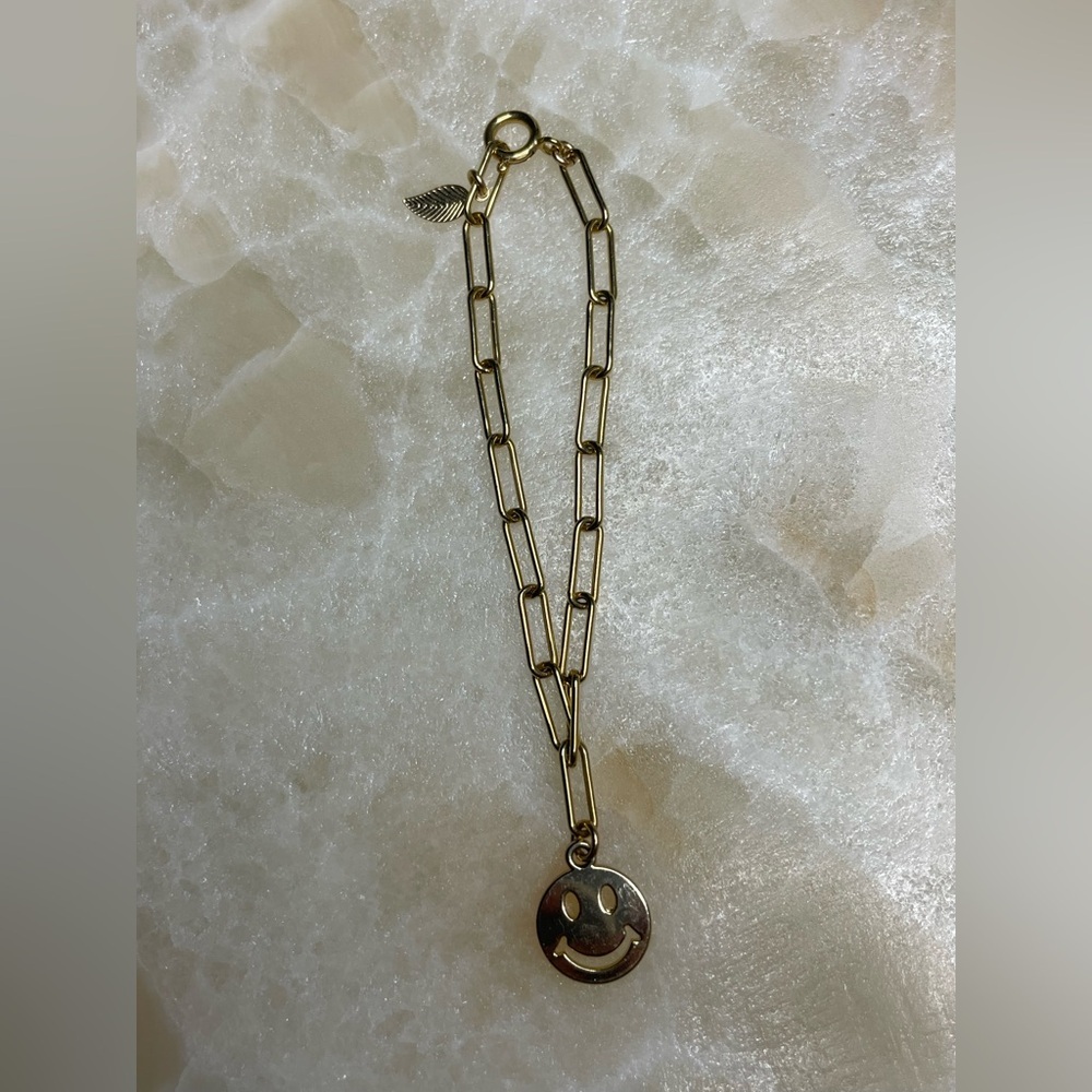GOLD 14k Gold-Filled Paperclip Chain Bracelet - Smiley double side Face Charm - Picture 4 of 7